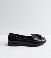 New Look Wide Fit Black Patent Tassel Trim Loafers